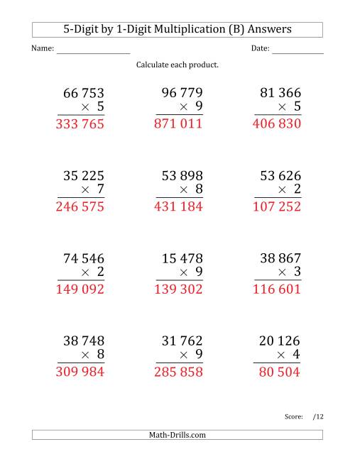 multiplying 5 digit by 1 digit numbers large print with