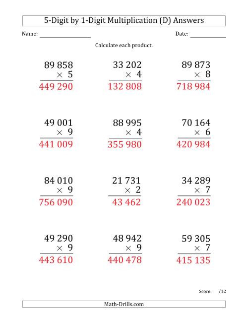 The Multiplying 5-Digit by 1-Digit Numbers (Large Print) with Space-Separated Thousands (D) Math Worksheet Page 2