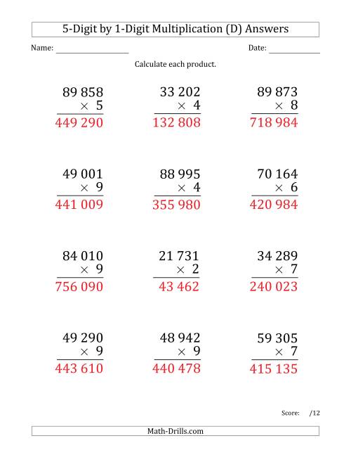 multiplying 5 digit by 1 digit numbers large print with space