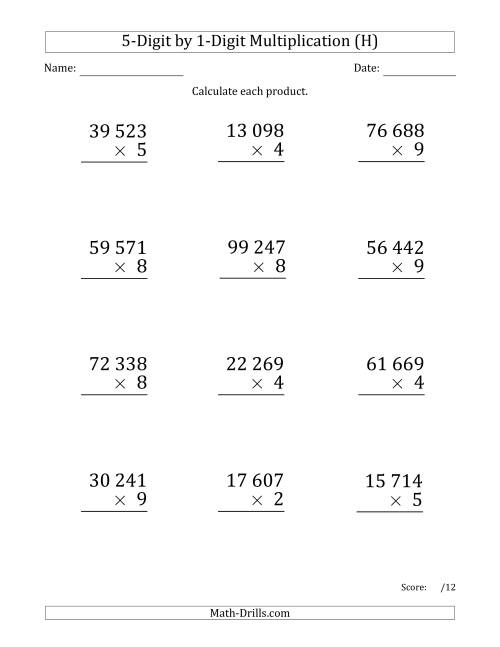 The Multiplying 5-Digit by 1-Digit Numbers (Large Print) with Space-Separated Thousands (H) Math Worksheet