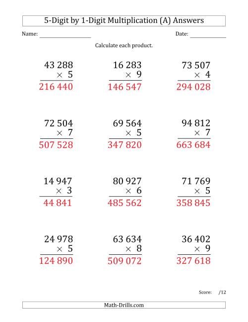 multiplying 5 digit by 1 digit numbers large print with