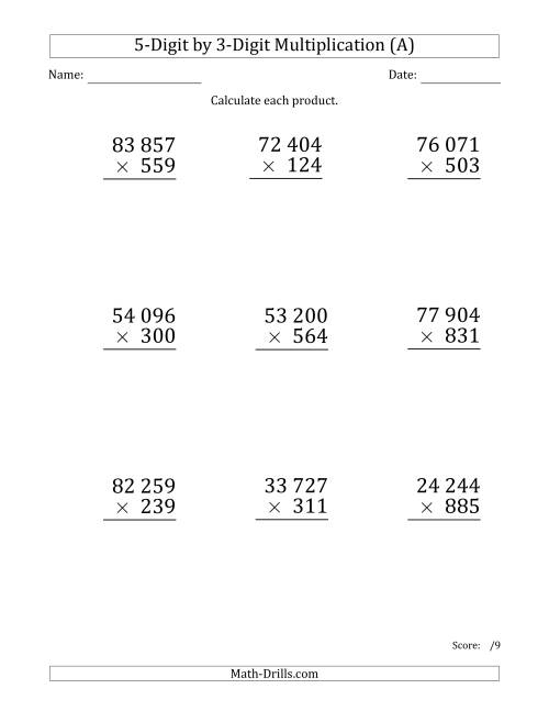 The Multiplying 5-Digit by 3-Digit Numbers (Large Print) with Space-Separated Thousands (A) Math Worksheet