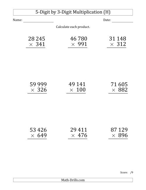 The Multiplying 5-Digit by 3-Digit Numbers (Large Print) with Space-Separated Thousands (H) Math Worksheet