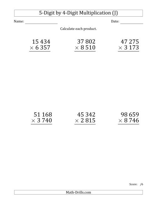 The Multiplying 5-Digit by 4-Digit Numbers (Large Print) with Space-Separated Thousands (J) Math Worksheet