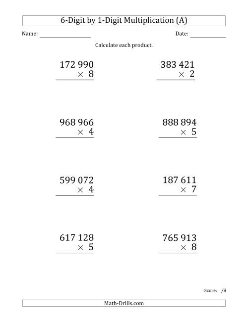 The Multiplying 6-Digit by 1-Digit Numbers (Large Print) with Space-Separated Thousands (All) Math Worksheet
