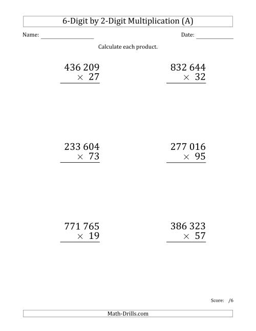 The Multiplying 6-Digit by 2-Digit Numbers (Large Print) with Space-Separated Thousands (A) Math Worksheet