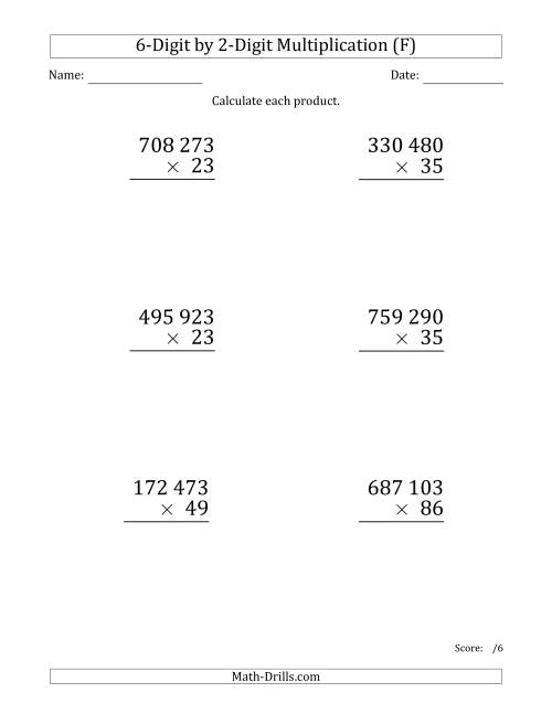 The Multiplying 6-Digit by 2-Digit Numbers (Large Print) with Space-Separated Thousands (F) Math Worksheet