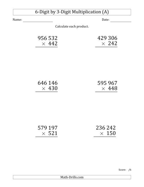 The Multiplying 6-Digit by 3-Digit Numbers (Large Print) with Space-Separated Thousands (A) Math Worksheet