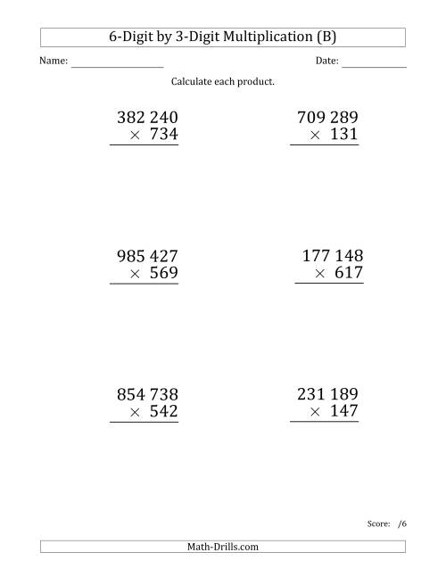 The Multiplying 6-Digit by 3-Digit Numbers (Large Print) with Space-Separated Thousands (B) Math Worksheet