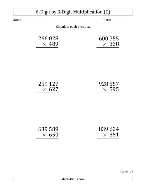 The Multiplying 6-Digit by 3-Digit Numbers (Large Print) with Space-Separated Thousands (C) Math Worksheet