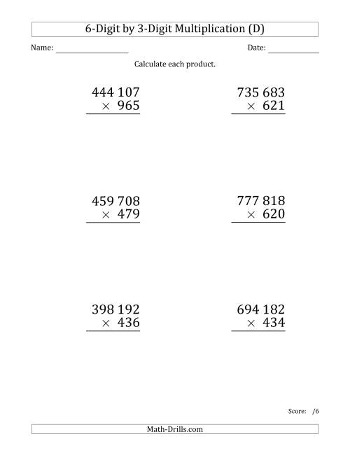 The Multiplying 6-Digit by 3-Digit Numbers (Large Print) with Space-Separated Thousands (D) Math Worksheet