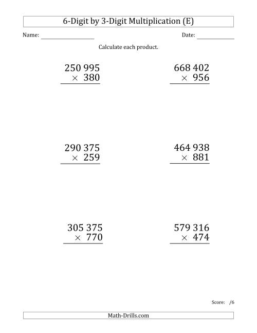 The Multiplying 6-Digit by 3-Digit Numbers (Large Print) with Space-Separated Thousands (E) Math Worksheet
