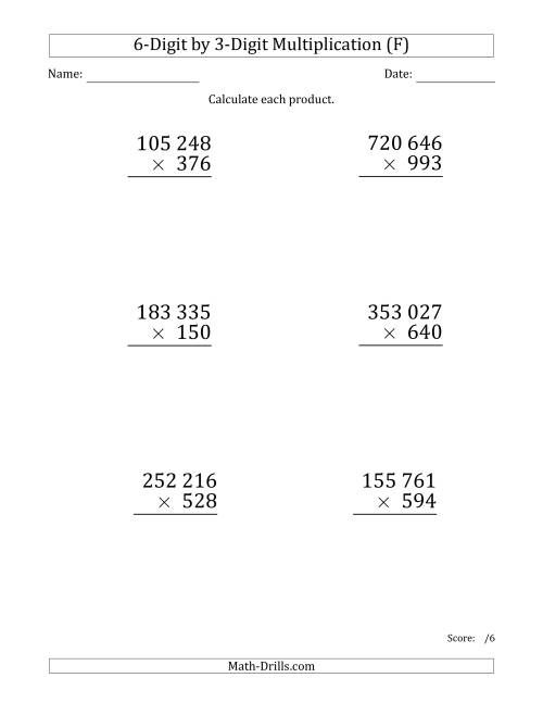 The Multiplying 6-Digit by 3-Digit Numbers (Large Print) with Space-Separated Thousands (F) Math Worksheet