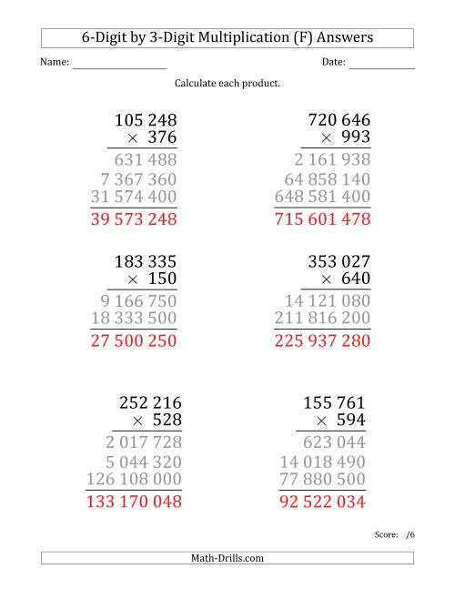 The Multiplying 6-Digit by 3-Digit Numbers (Large Print) with Space-Separated Thousands (F) Math Worksheet Page 2