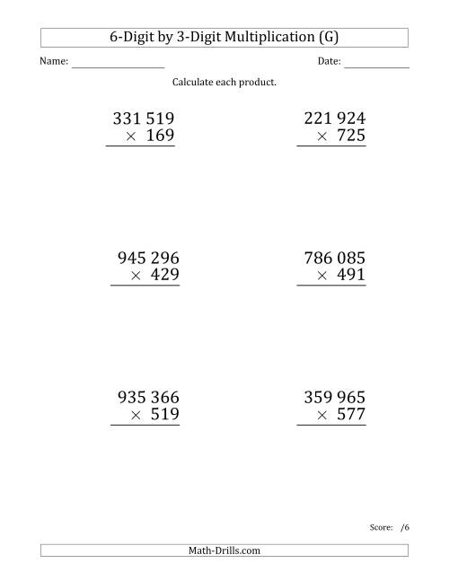 The Multiplying 6-Digit by 3-Digit Numbers (Large Print) with Space-Separated Thousands (G) Math Worksheet