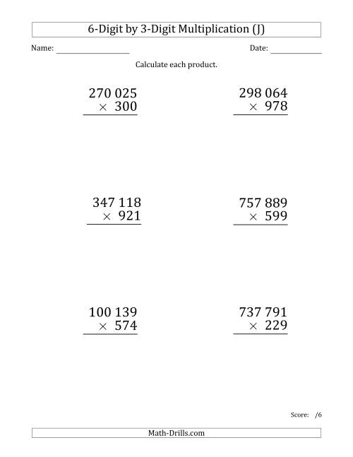 The Multiplying 6-Digit by 3-Digit Numbers (Large Print) with Space-Separated Thousands (J) Math Worksheet