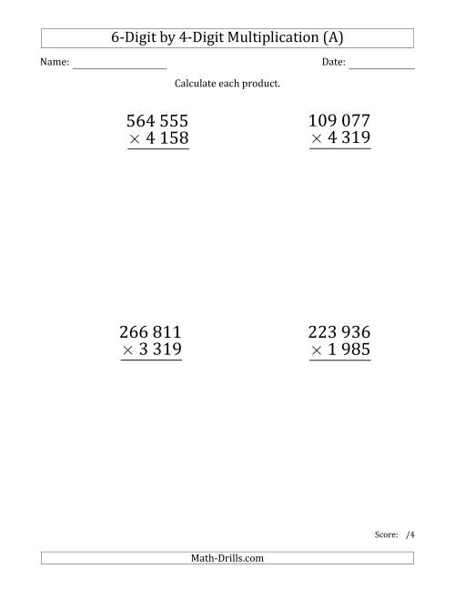 The Multiplying 6-Digit by 4-Digit Numbers (Large Print) with Space-Separated Thousands (A) Math Worksheet