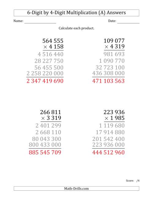 The Multiplying 6-Digit by 4-Digit Numbers (Large Print) with Space-Separated Thousands (A) Math Worksheet Page 2
