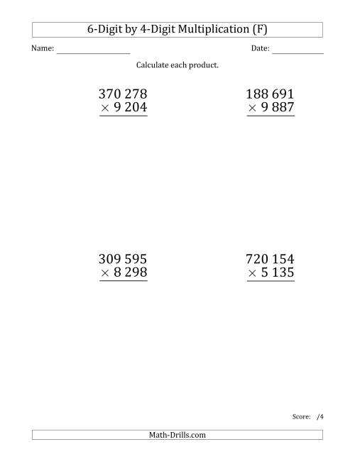 The Multiplying 6-Digit by 4-Digit Numbers (Large Print) with Space-Separated Thousands (F) Math Worksheet