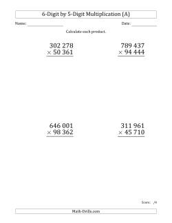 Multiplying 6-Digit by 5-Digit Numbers (Large Print) with Space-Separated Thousands