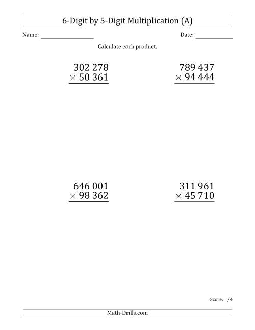 The Multiplying 6-Digit by 5-Digit Numbers (Large Print) with Space-Separated Thousands (A) Math Worksheet
