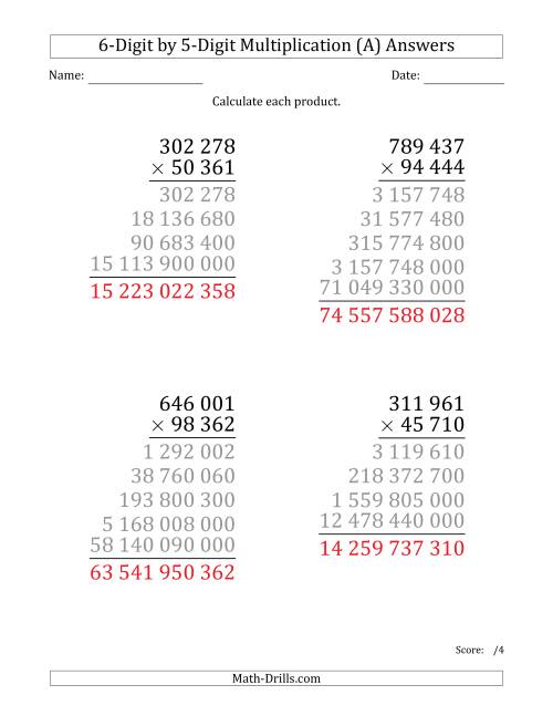 The Multiplying 6-Digit by 5-Digit Numbers (Large Print) with Space-Separated Thousands (A) Math Worksheet Page 2