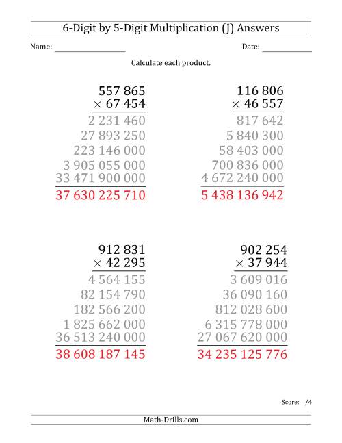 The Multiplying 6-Digit by 5-Digit Numbers (Large Print) with Space-Separated Thousands (J) Math Worksheet Page 2