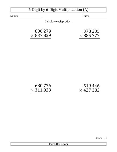 The Multiplying 6-Digit by 6-Digit Numbers (Large Print) with Space-Separated Thousands (A) Math Worksheet