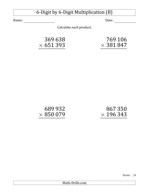 The Multiplying 6-Digit by 6-Digit Numbers (Large Print) with Space-Separated Thousands (B) Math Worksheet