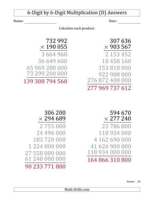 The Multiplying 6-Digit by 6-Digit Numbers (Large Print) with Space-Separated Thousands (D) Math Worksheet Page 2