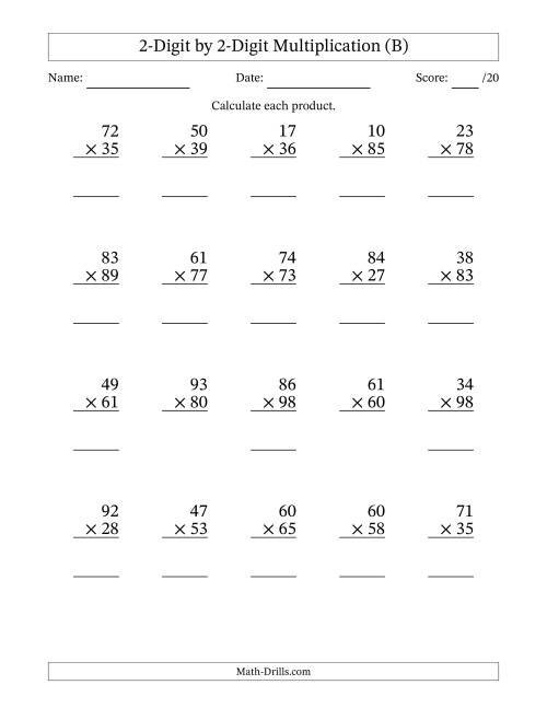 The Multiplying 2-Digit by 2-Digit Numbers (B) Math Worksheet