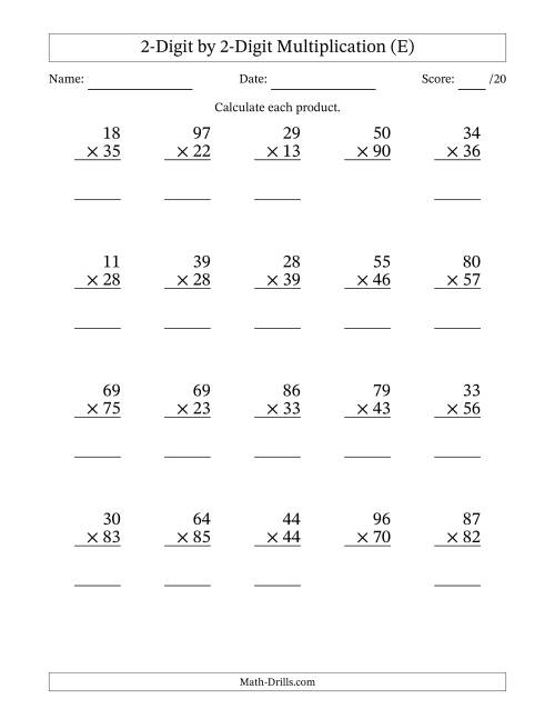 The Multiplying 2-Digit by 2-Digit Numbers (E) Math Worksheet