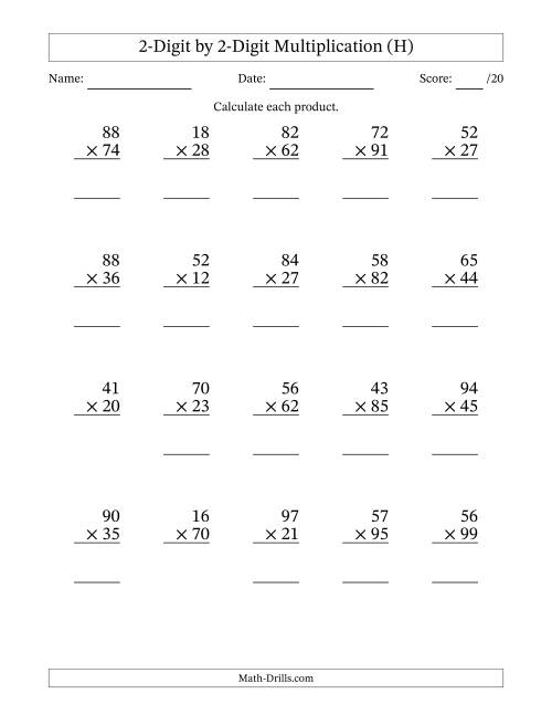 The Multiplying 2-Digit by 2-Digit Numbers (H) Math Worksheet