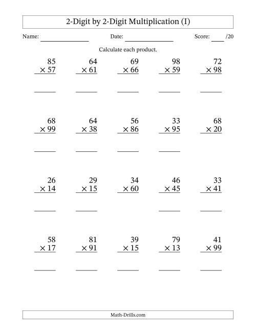 The Multiplying 2-Digit by 2-Digit Numbers (I) Math Worksheet