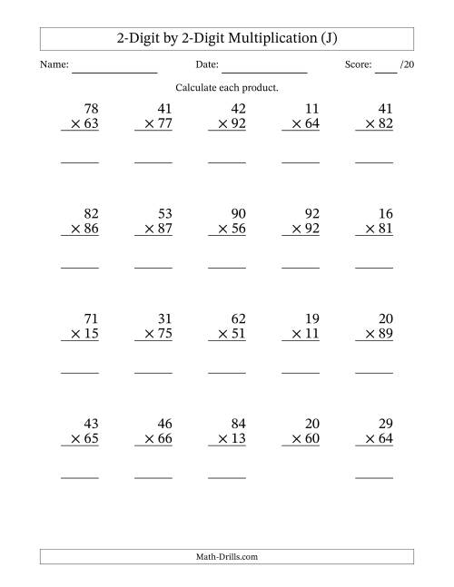 The Multiplying 2-Digit by 2-Digit Numbers (J) Math Worksheet