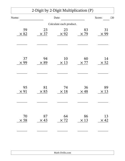 The Multiplying 2-Digit by 2-Digit Numbers (P) Math Worksheet