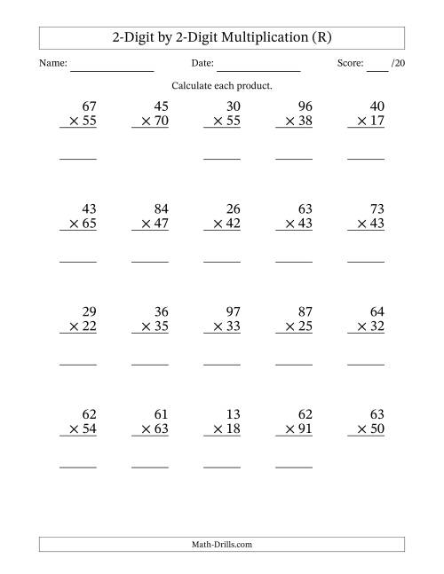 The Multiplying 2-Digit by 2-Digit Numbers (R) Math Worksheet