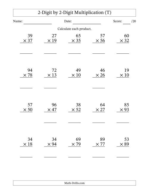 The Multiplying 2-Digit by 2-Digit Numbers (T) Math Worksheet