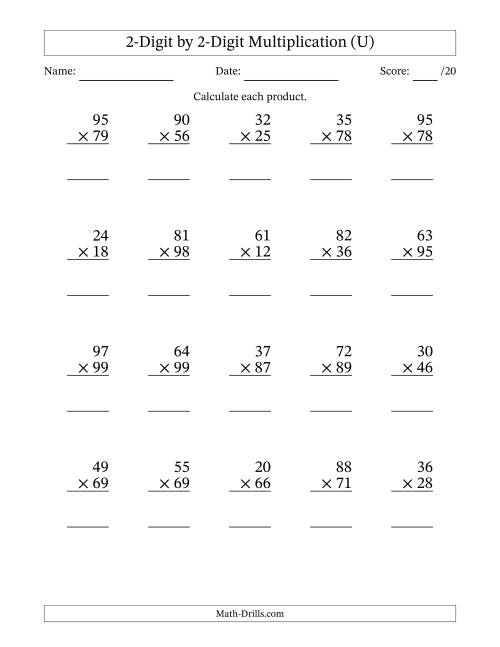 The Multiplying 2-Digit by 2-Digit Numbers (U) Math Worksheet