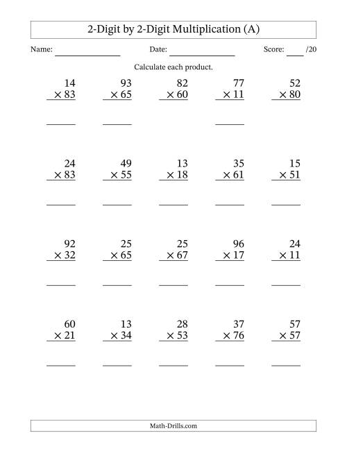 The Multiplying 2-Digit by 2-Digit Numbers (All) Math Worksheet