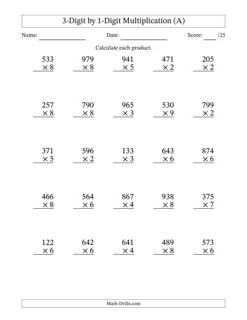 The Multiplying 3-Digit by 1-Digit Numbers (A) Math Worksheet