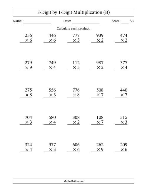 The Multiplying 3-Digit by 1-Digit Numbers (B) Math Worksheet