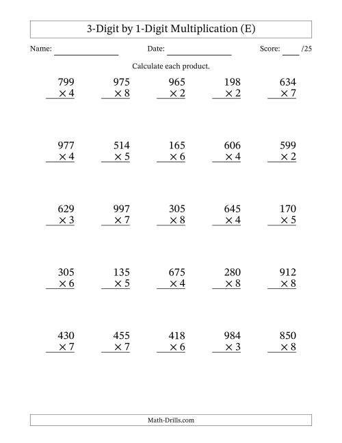 The Multiplying 3-Digit by 1-Digit Numbers (E) Math Worksheet