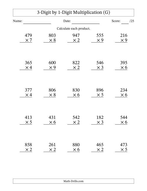 The Multiplying 3-Digit by 1-Digit Numbers (G) Math Worksheet