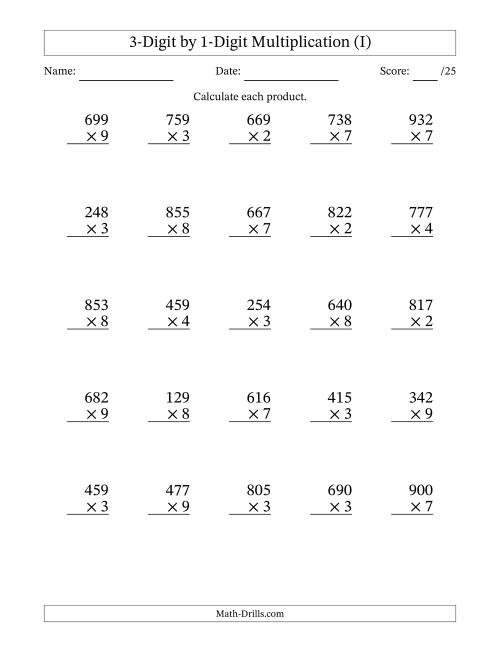 The Multiplying 3-Digit by 1-Digit Numbers (I) Math Worksheet