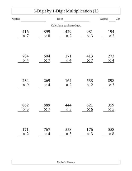 The Multiplying 3-Digit by 1-Digit Numbers (L) Math Worksheet