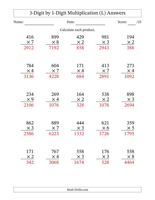 The Multiplying 3-Digit by 1-Digit Numbers (L) Math Worksheet Page 2