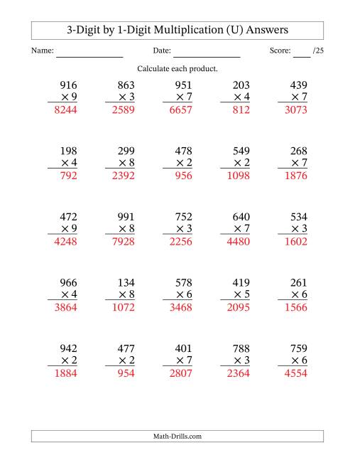 multiplying 3 digit by 1 digit numbers u