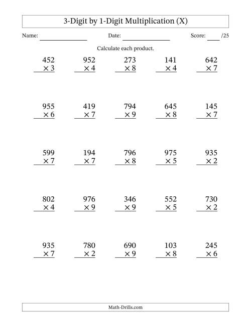 The Multiplying 3-Digit by 1-Digit Numbers (X) Math Worksheet