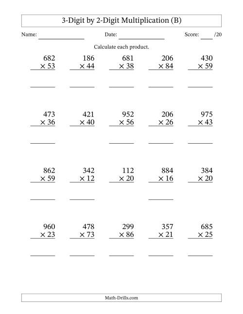 The Multiplying 3-Digit by 2-Digit Numbers (B) Math Worksheet